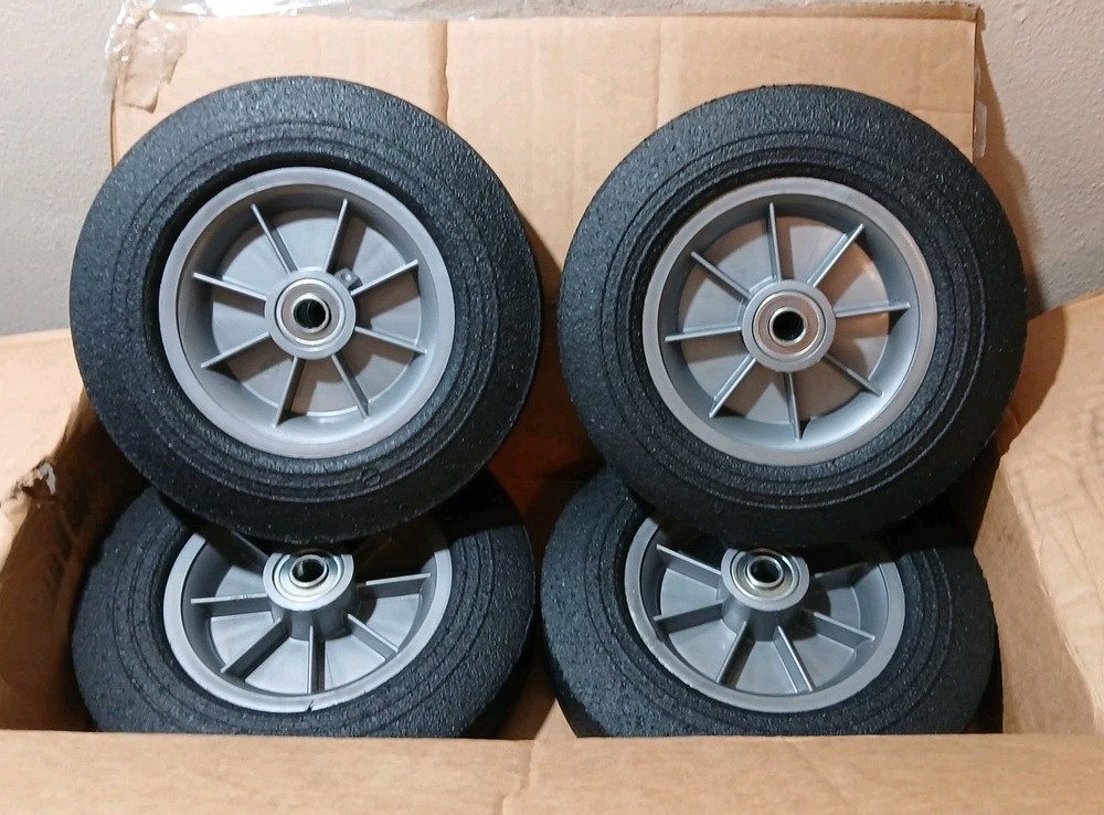 4-Pack 10''x2'' Flat Free Solid Rubber Replacement Tires with 5/8” Axles NEW