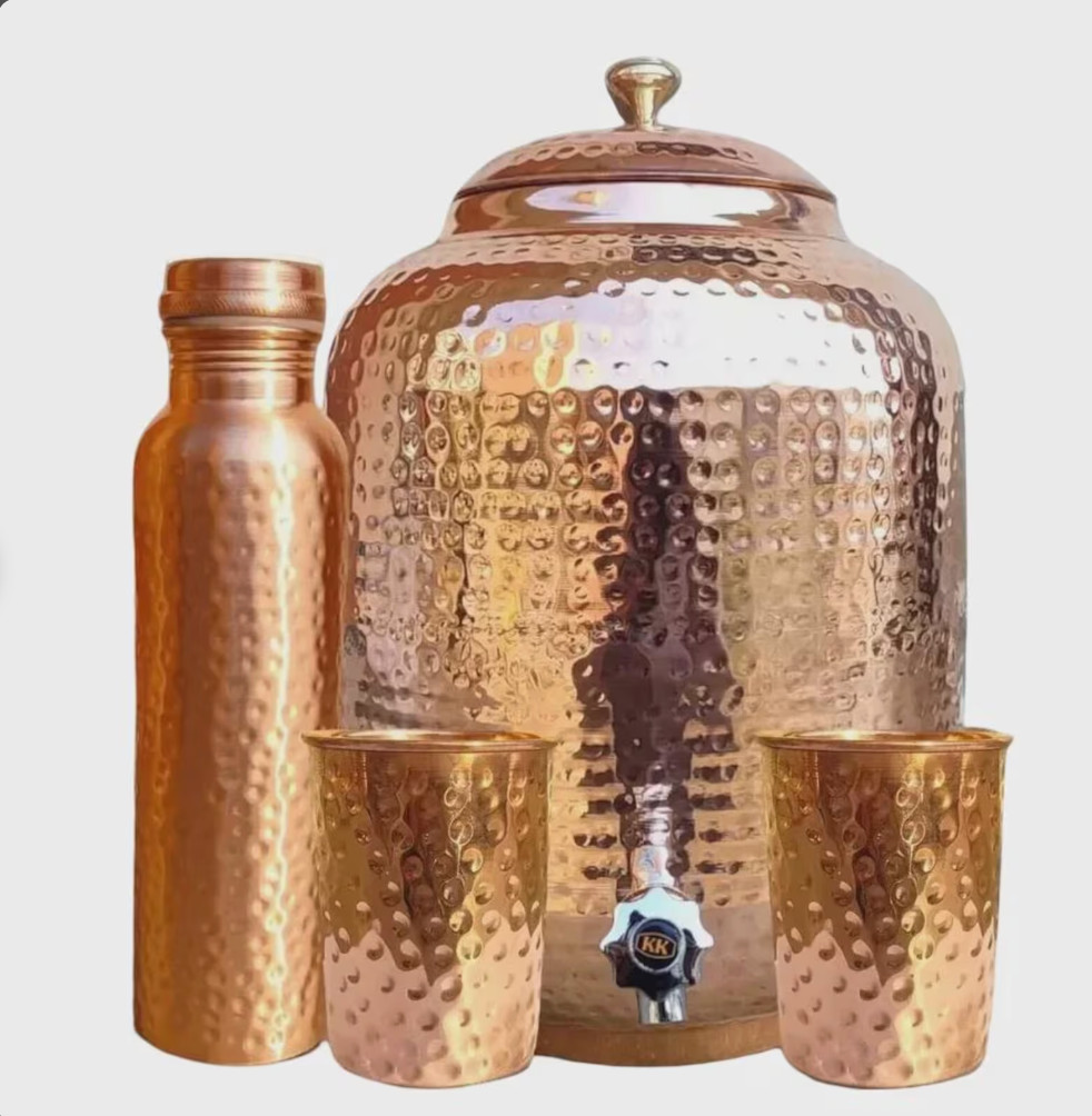 Handmade 100% Pure Copper Dispenser Water Pitcher Pot 4L 2 Glass 1 Bottle gallery