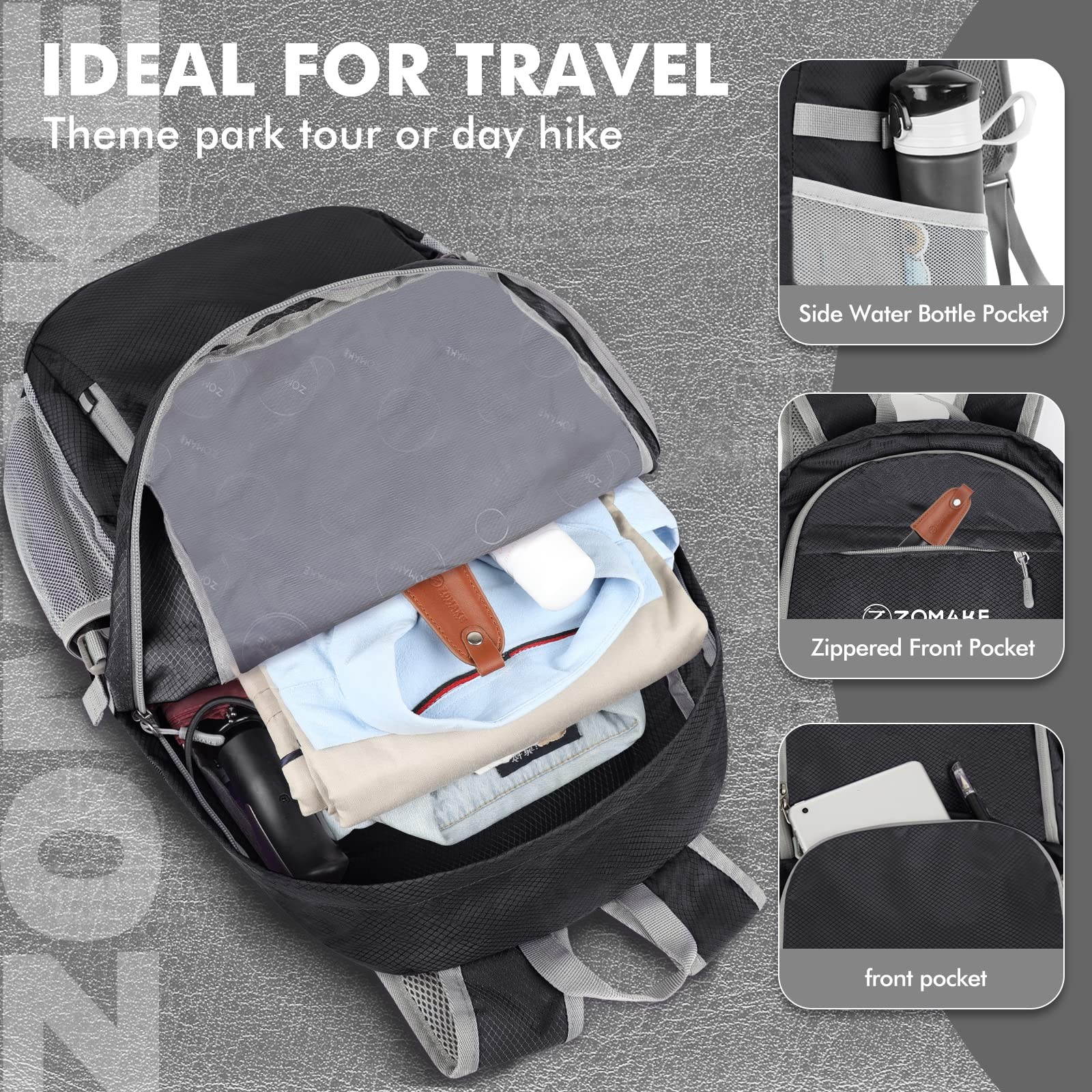 30L Black Lightweight Packable Backpack, Foldable, Water Resistant, Travel 4