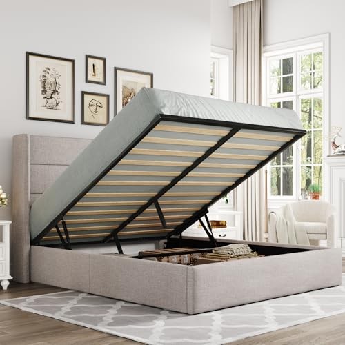 Queen Size Lift Up Storage Bed, Modern Wingback Headboard, Hydraulic Support,.. gallery