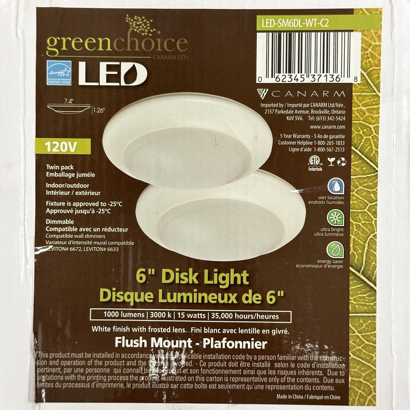2-PK! Canarm 6 In. LED Disc Flush Mount Light Fixture - LED-SM6DL-WT-C2, 120V gallery