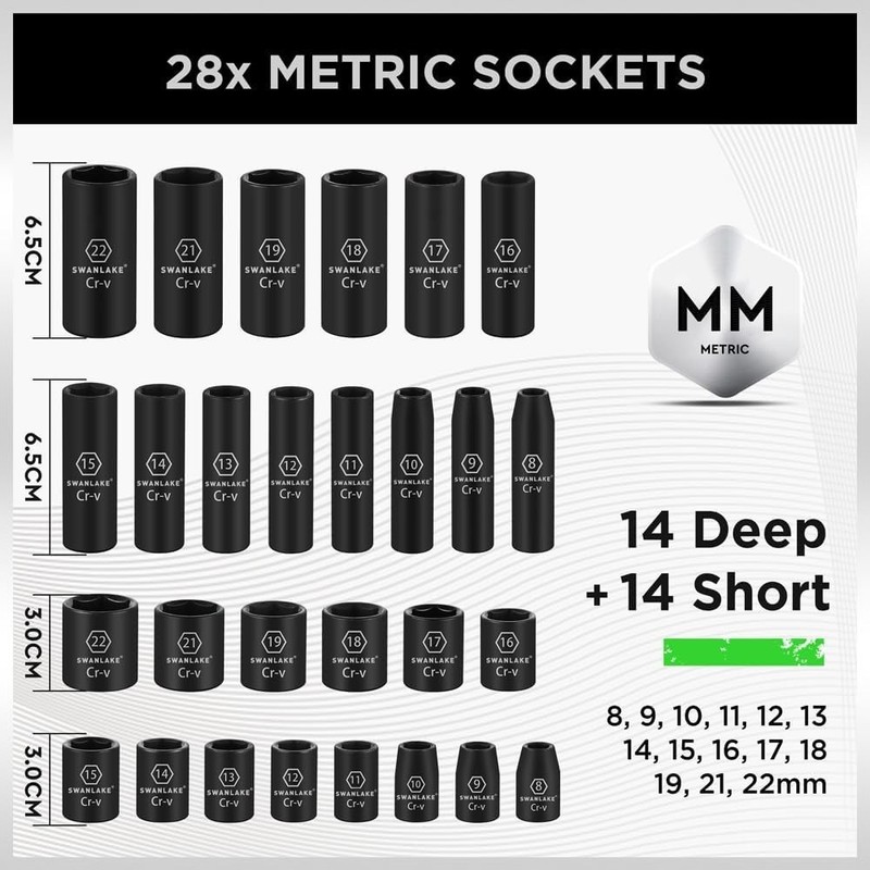 3/8'' Drive Impact Socket Set, 50-Piece Standard SAE (5/16 to 3/4 inch) and Metr gallery