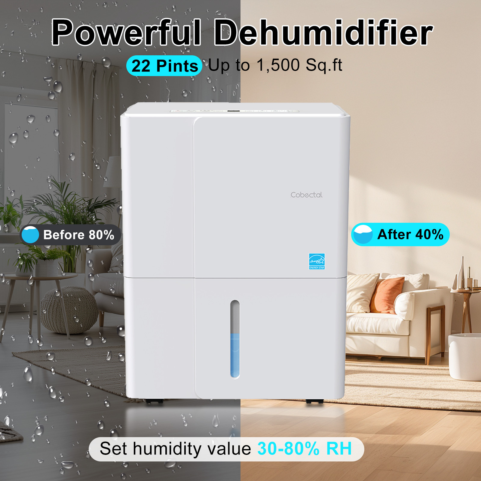 1500 Sq.Ft 22 Pint Dehumidifier for Basement Home 1.2 Gal Water Tank gallery