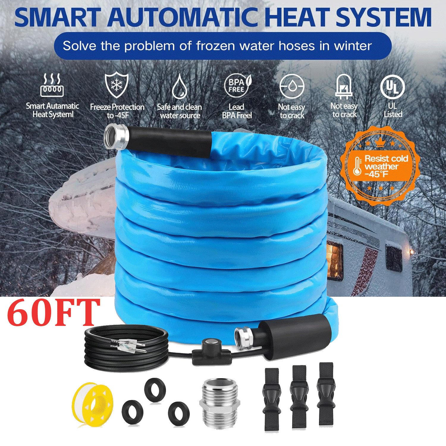 Heated RV Water Hose 60FT 5/8" with High-Quality Materials for Long-Lasting Use gallery