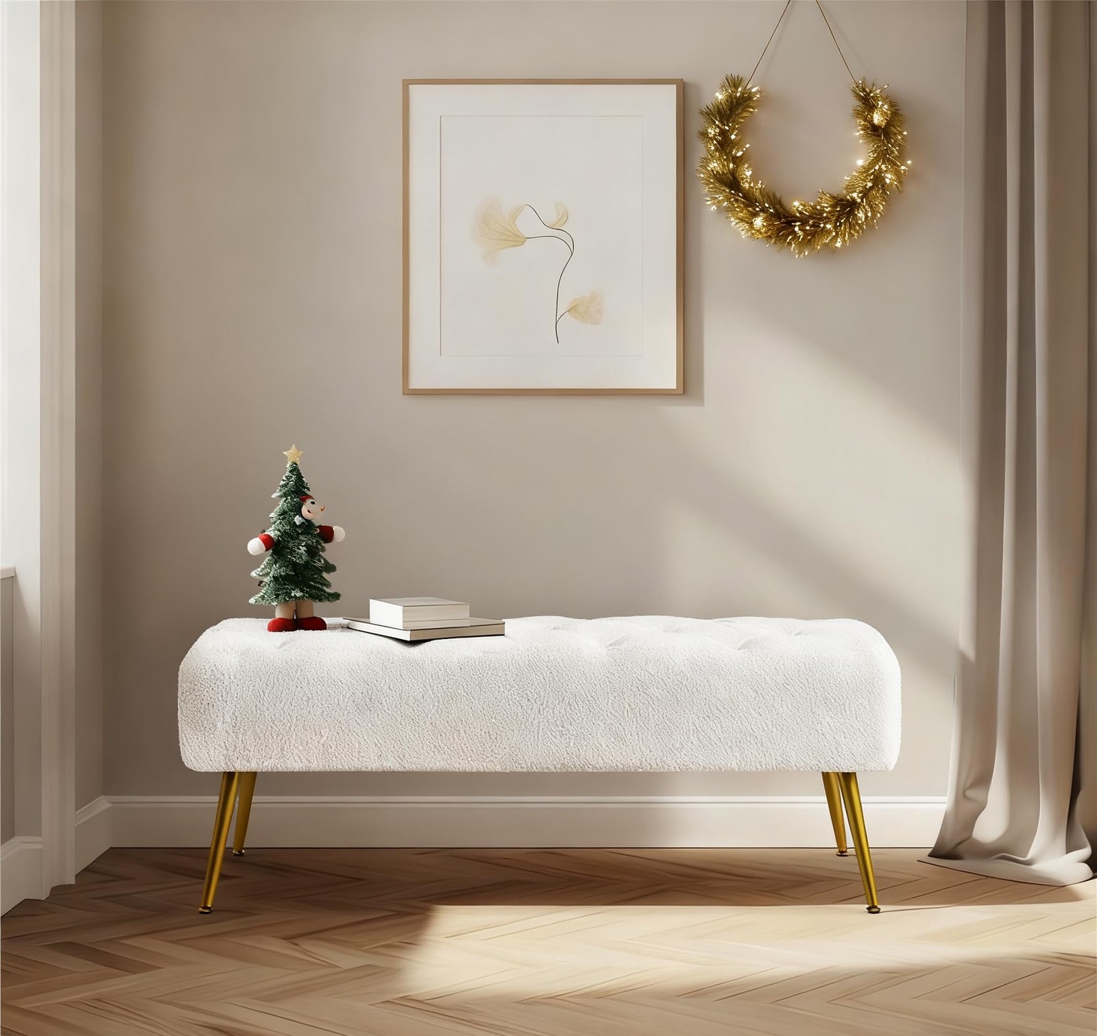 Modern Ottoman Bench Boucle Bench Upholstered Footrest for Living Room, Ivory gallery