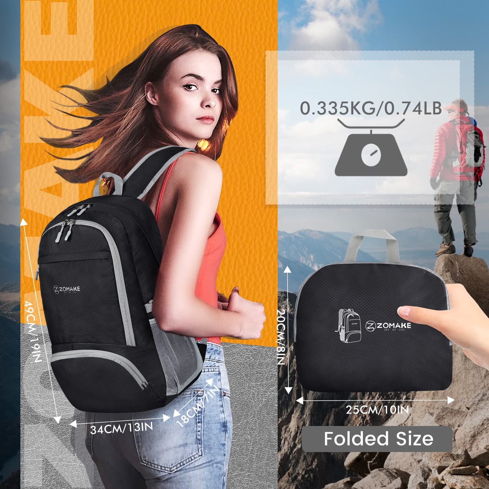 30L Black Lightweight Packable Backpack, Foldable, Water Resistant, Travel 3