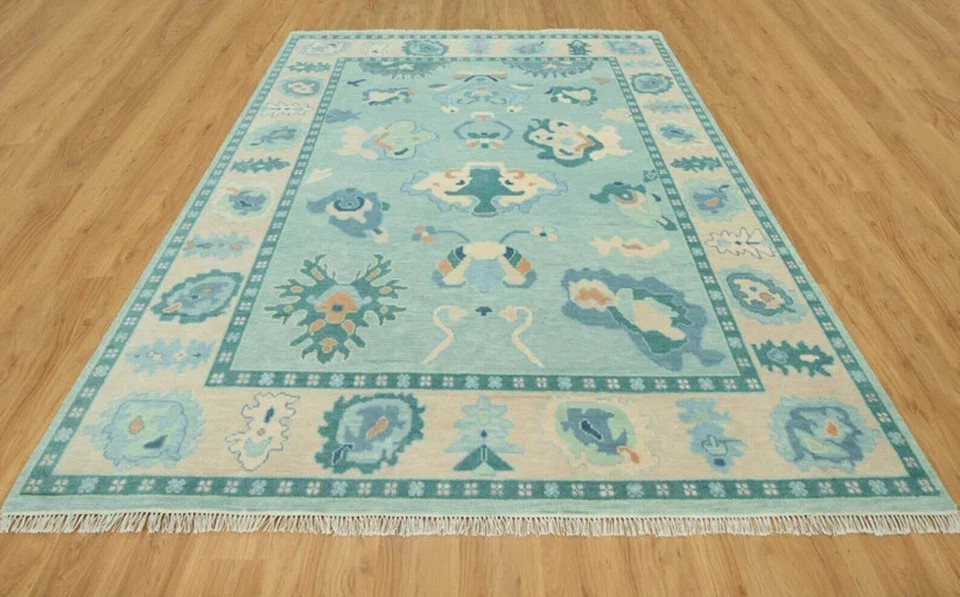 Hand Knotted Oushak Rug Aqua Blue Wool Area Rug Vintage Turkish Floral Carpet gallery