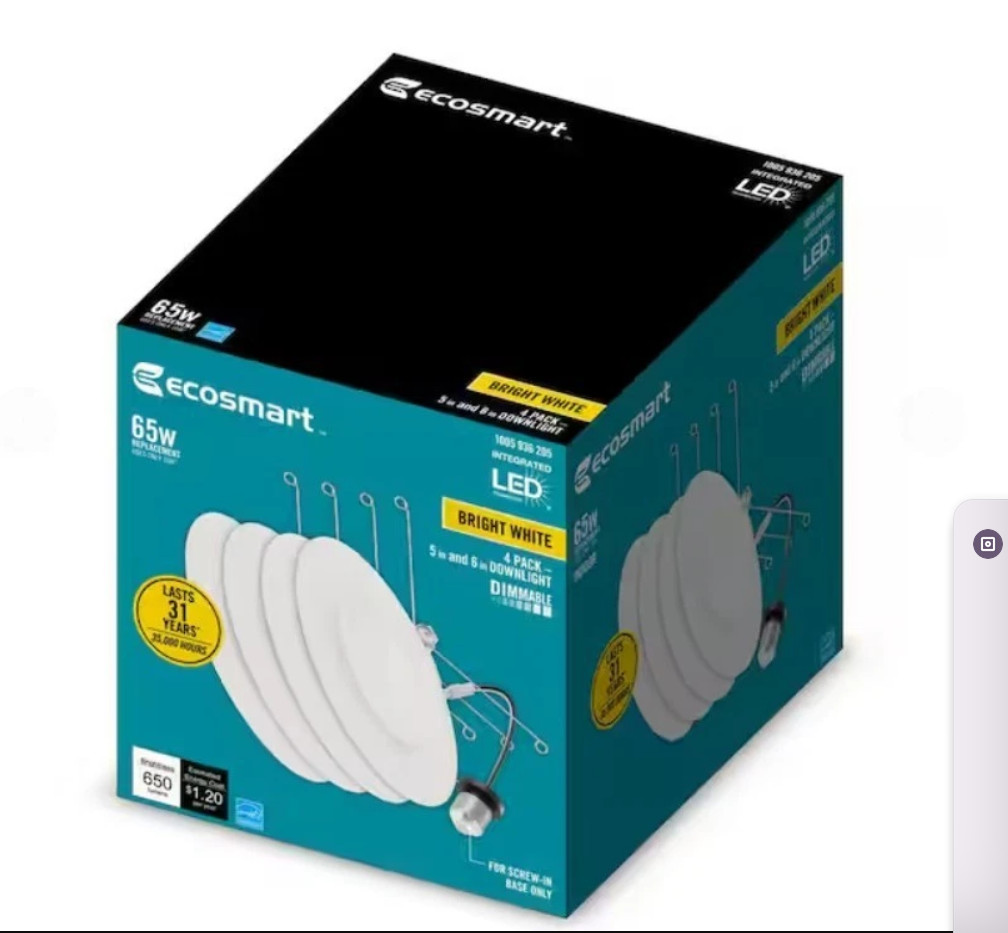 EcoSmart 65W LED Downlight 4-Pack 5/6" Dimmable Bright White E26 NEW in Box gallery