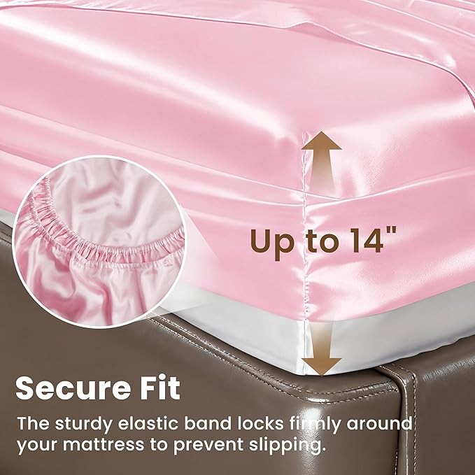 4 Piece Queen Satin Sheets Set Pink Silky Bed w/ Deep Pocket Luxury Ultra-Soft gallery