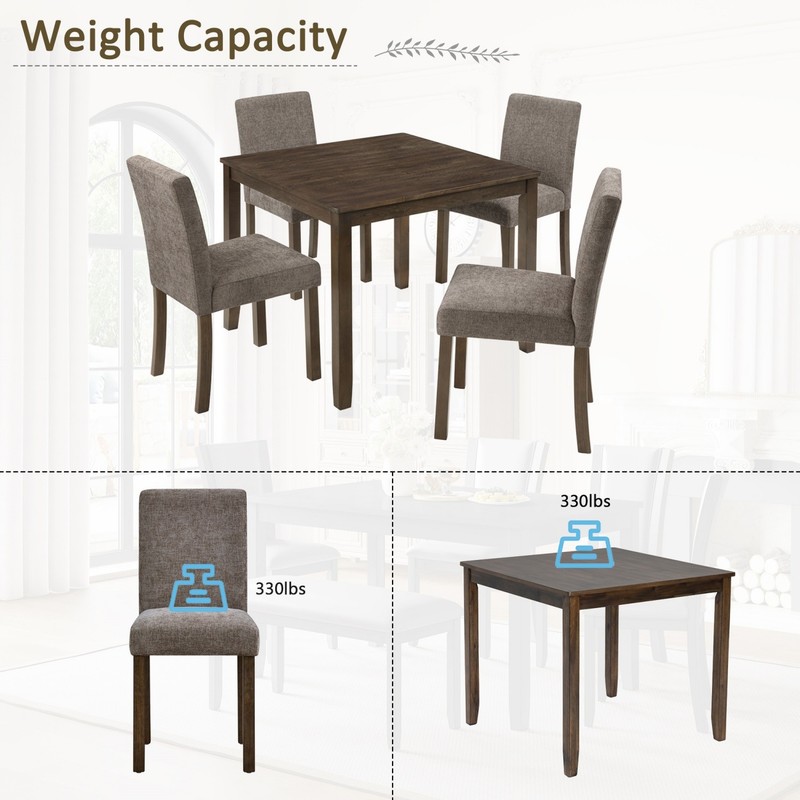 5-Piece Rustic Dining Table Set Square Wood with 4 Chenille Upholstered Chairs gallery