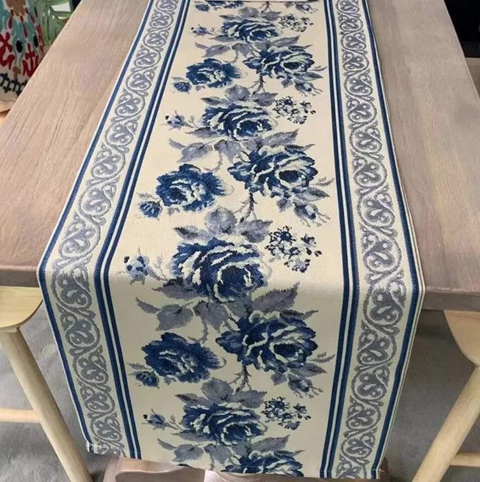 Blue & off white table runner Roses various sizes Spode Willow Johnson gallery
