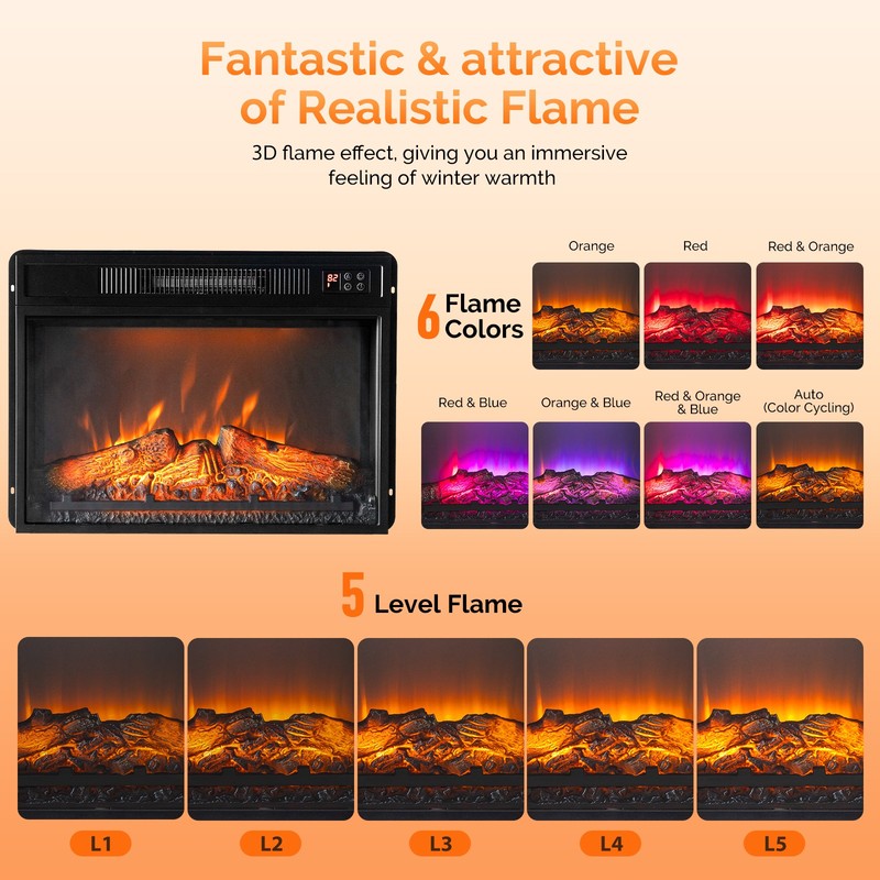 23" Embedded Electric Fireplace Insert Heater 6 Colors Realistic Flame Remote gallery