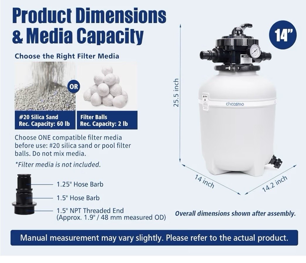 Chaosmo 14 in Sand Filter Tank for Above Ground Pools w/ 6-Way Valve Gauge gallery