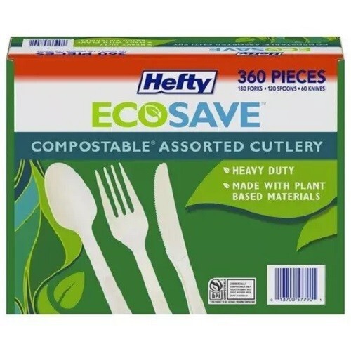 Hefty Ecosave Compostable Assorted Cutlery, 360pc -180 fork, 120 spoon, 60 knife gallery
