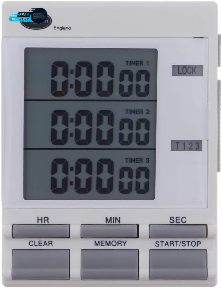 Digital Triple Kitchen Timer and Clock with Large LED Countdown Timer