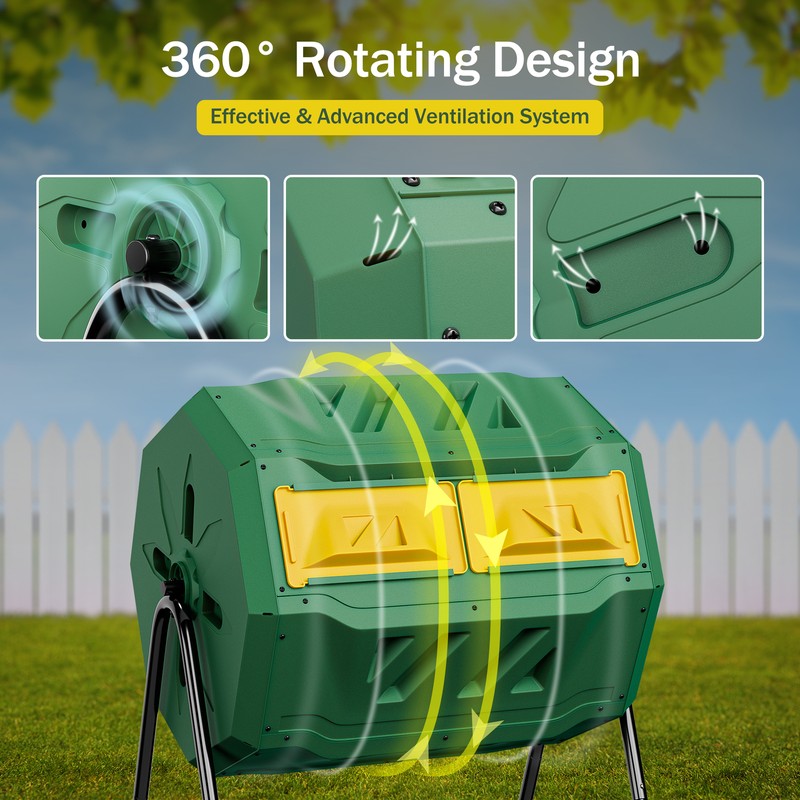 43 Gallon Compost Bin Dual Chamber Large Composter Tumbler w/Sliding Doors Green gallery