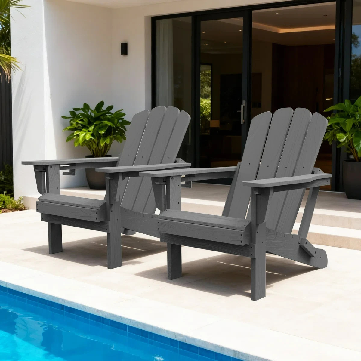 2pcs All-Weather HDPE Folding Adirondack Chair Fire Pit Chair w/Cup Holder,Gray gallery