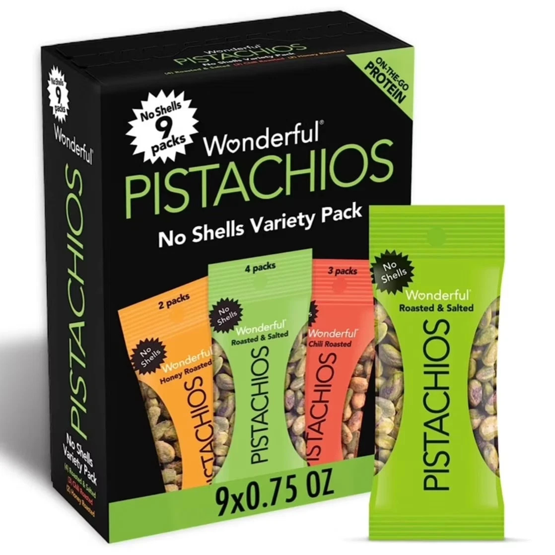 Wonderful Pistachios, No Shells Variety Pack Nuts, 0.75 Ounce Bags (Pack of 9).. gallery