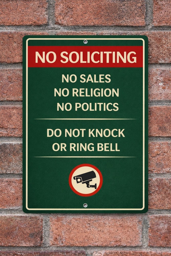 No Soliciting Sign with Security Camera – No Sales Religion Politics 8x12Aluminu