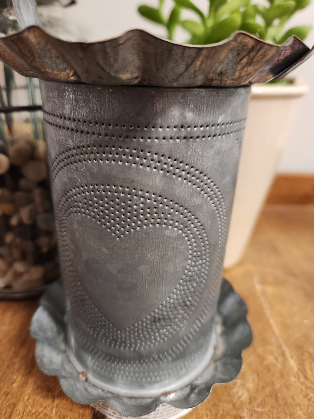 Punched Heart Wax Warmer, 9" High, Rustic Tin Primitive Farmhouse NEW gallery