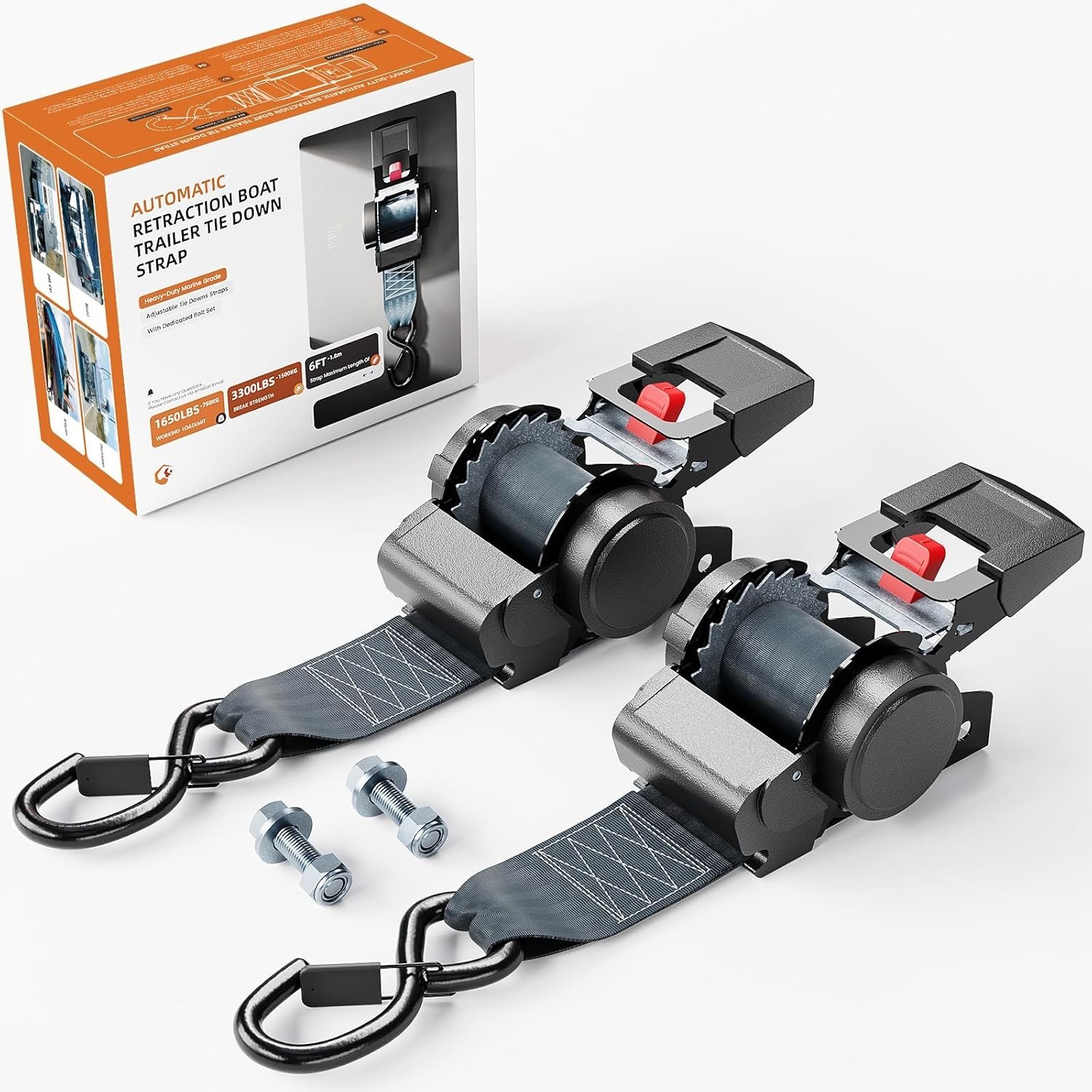 WELLUCK Retractable Ratchet Tie Down Straps for Boat Trailer, Jetski – Heavy Dut gallery