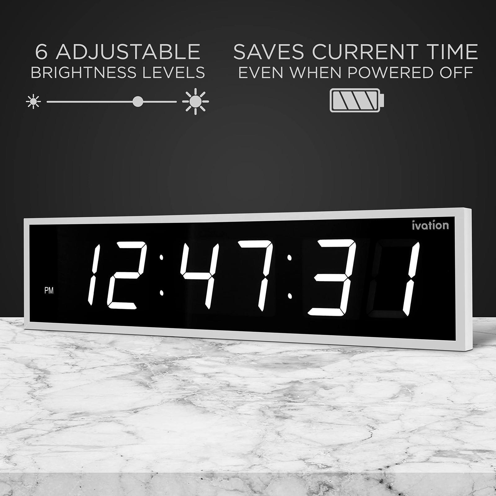 Ivation 36" Large Digital Clock, 6-Level Brightness, LED Wall Clock, White gallery