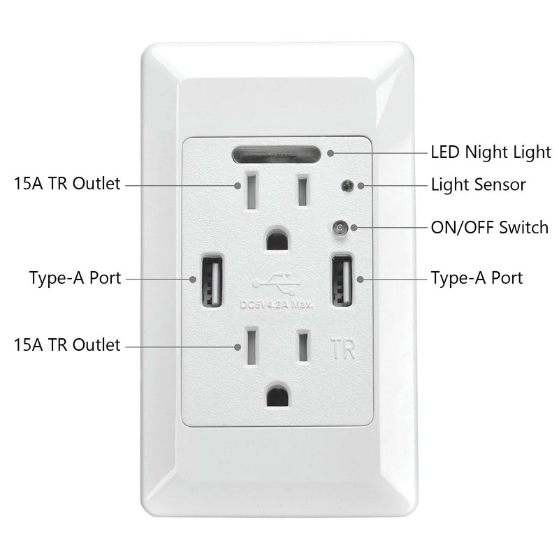 Electrical Dual USB Wall Outlet with LED Night Light Tamper Resistant Receptacle gallery