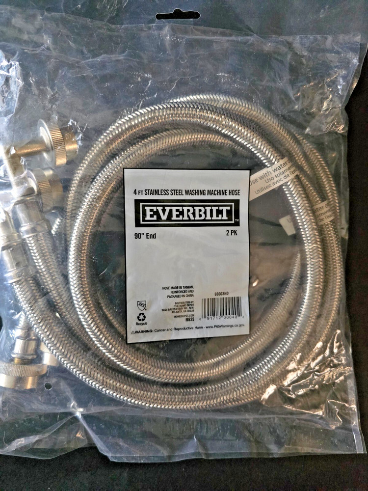 2 Everbilt Stainless Washing Machine Hoses 4 Ft 90 Degree End 69003HD