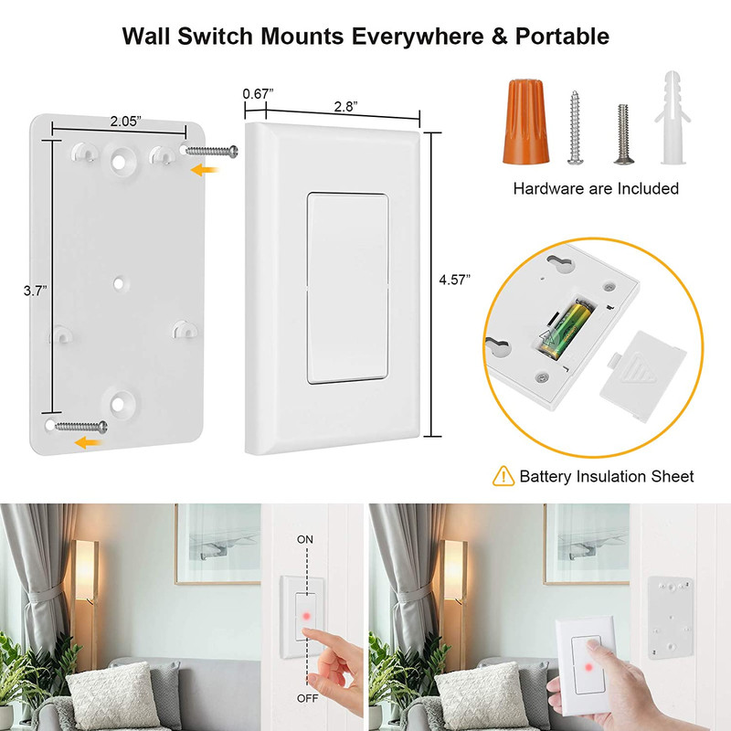 3 Way Wireless Light Switch, No Wiring, No Wifi, 100Ft RF Range, Pre-Programmed, gallery