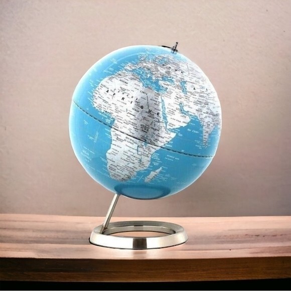 Modern World Globe Chrome Base Blue Silver Black Enamel 15.5” Home Office Decor gallery