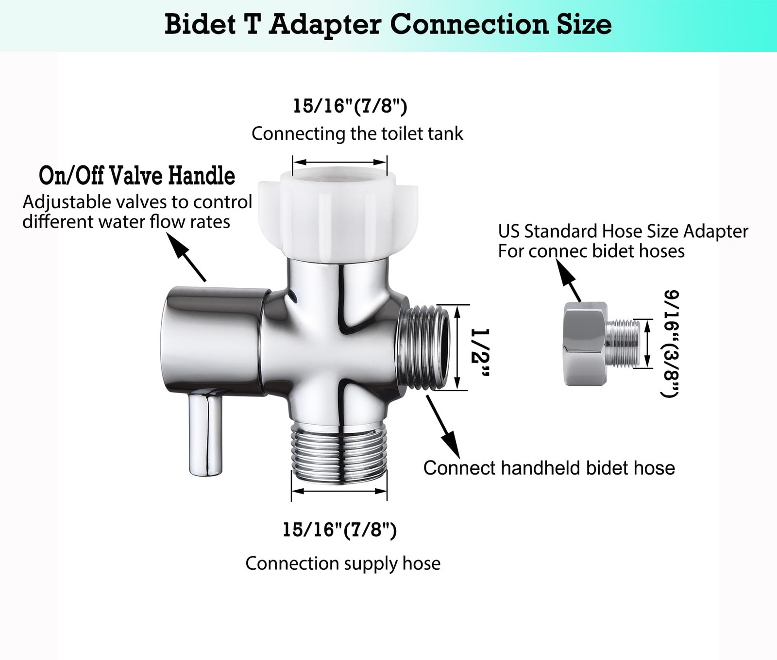 Walkinginrain Bidet T Adapter With Shut off Valve,3 7/8" or 15/16'', Chrome gallery