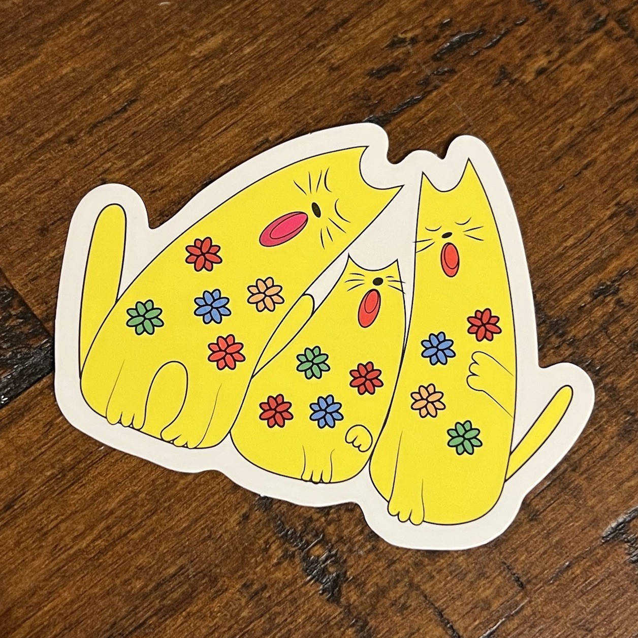 Yellow Groovy Colorful Flower Singing Cats Sticker - Kittens Cats 3” gallery