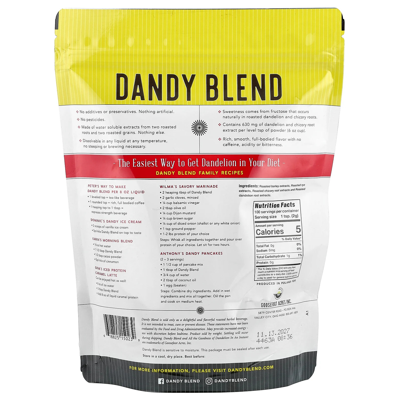 Dandy Blend, Instant Herbal Beverage with Dandelion, Caffeine Free, 7.05 oz gallery