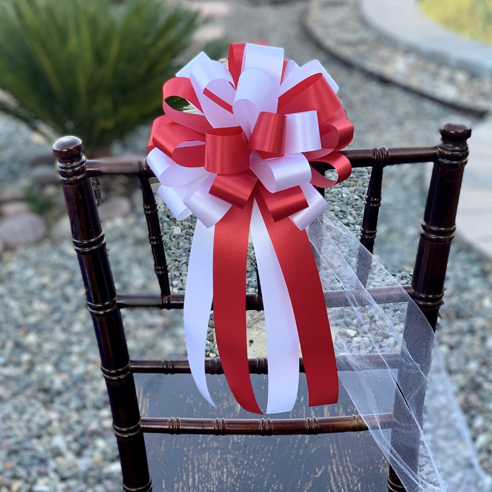 Red & White Wedding Pull Bows with Tulle Tails - 8" Wide, Set of 6, Christmas gallery
