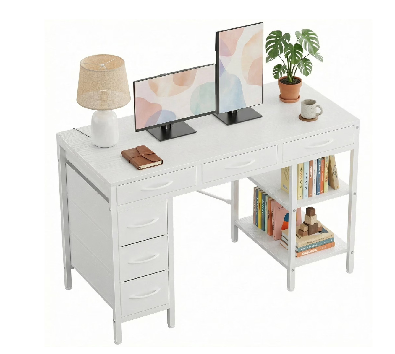 CONCETTA 55" Computer Desk 6 Drawers 2 Shelves Home Office Storage Desk White gallery