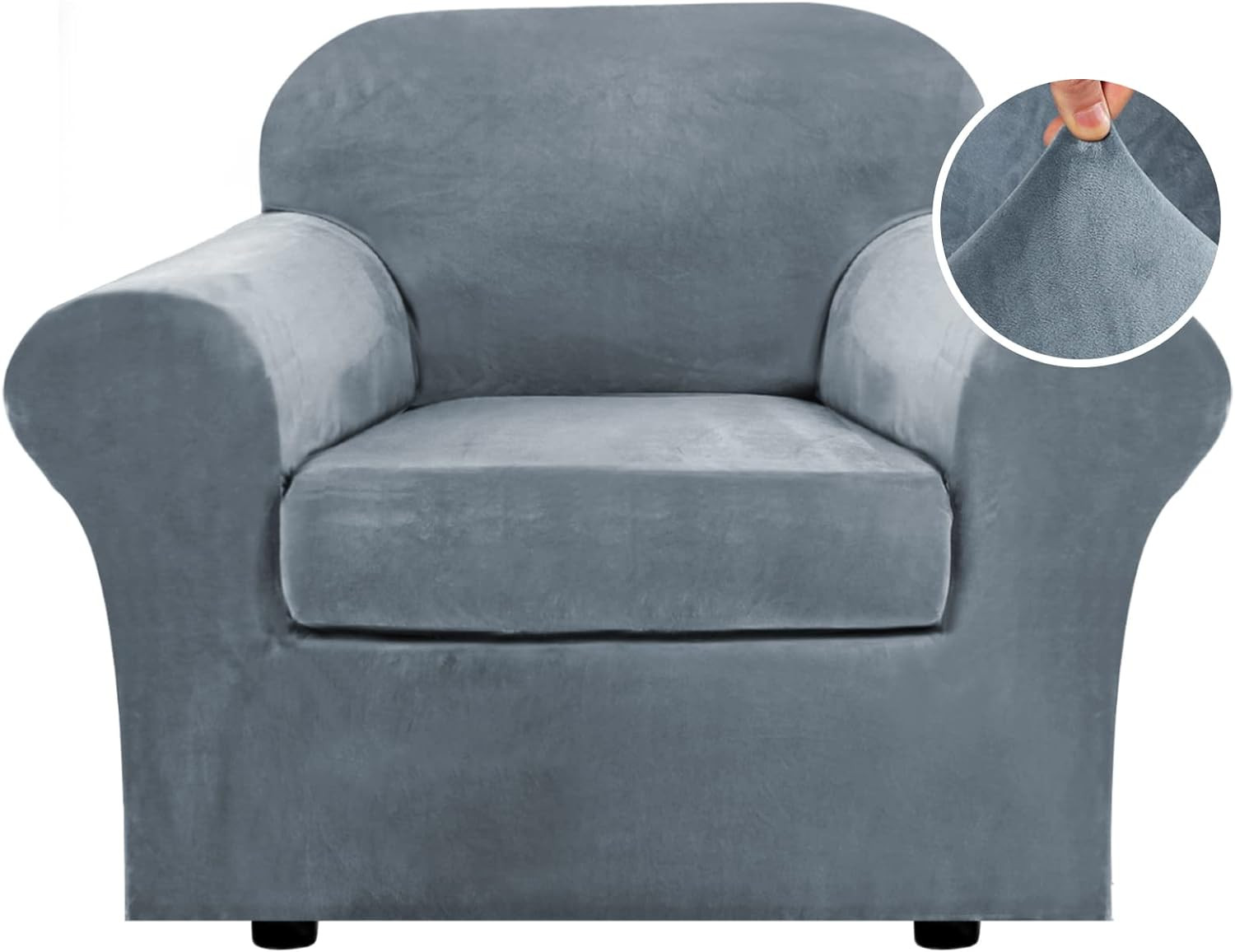 Soft Velvet Stretch Chair Cover with Arms - Stone Blue, Fits Up to 49 gallery