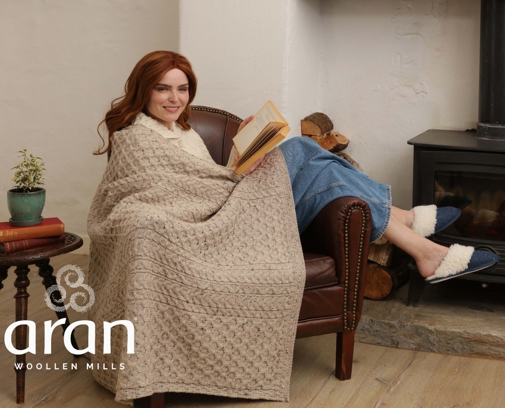Aran Woollen Mills 100% Natural Wool Cable Knit Adult Blanket Throw Irish Made