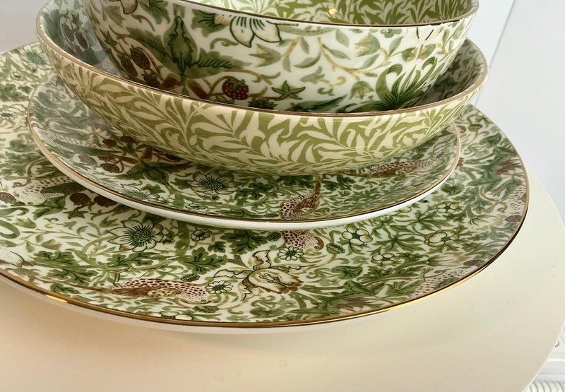 Morris & Co Strawberry Thief Sage Green Tableware – Willow Bough Collection gallery