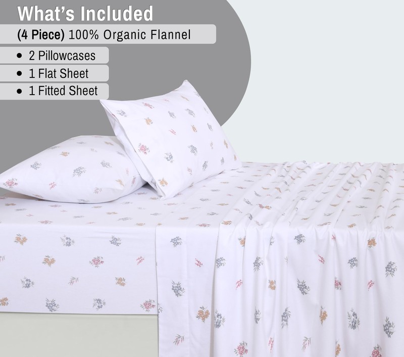 RUVANTI Flannel Sheets Queen Size - GOTS Certified 100% Organic Queen, Floral gallery