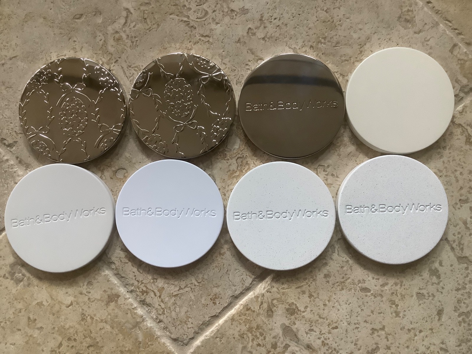 Bath & Body Works 3 Wick Candle Lids Gold/White Metal (Lids Only - Lot of 8) gallery
