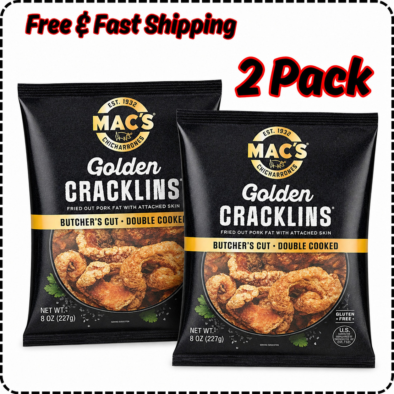 2 Pack /Mac's Chicharrones Golden Pork Cracklins, Fried Pork Fat with Skin, 8 oz gallery