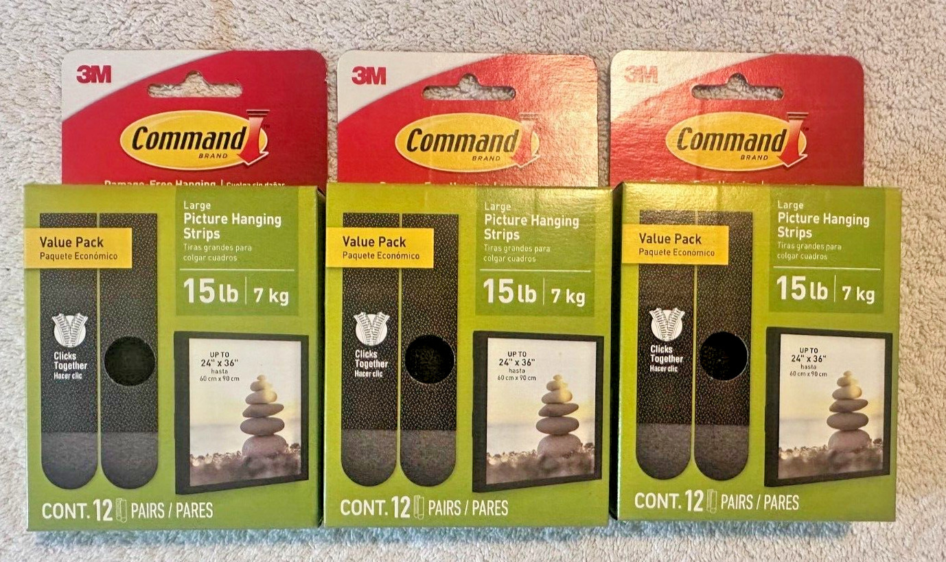 ✔ 3 Packs 3M Command 12 LARGE Hanging Strip Value Packs holds 15 lbs (36 pairs ) gallery