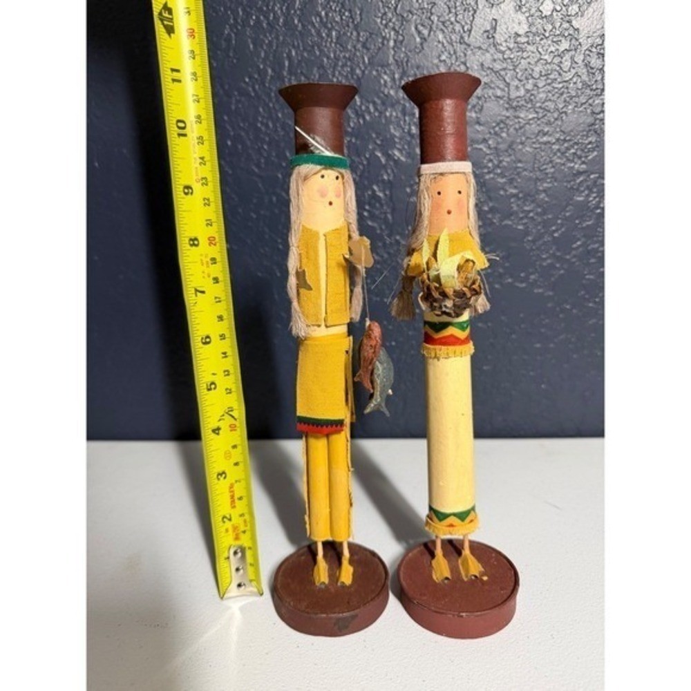 Unbranded Native American Style Candle Holders 11" Yellow Folk Art Figures gallery