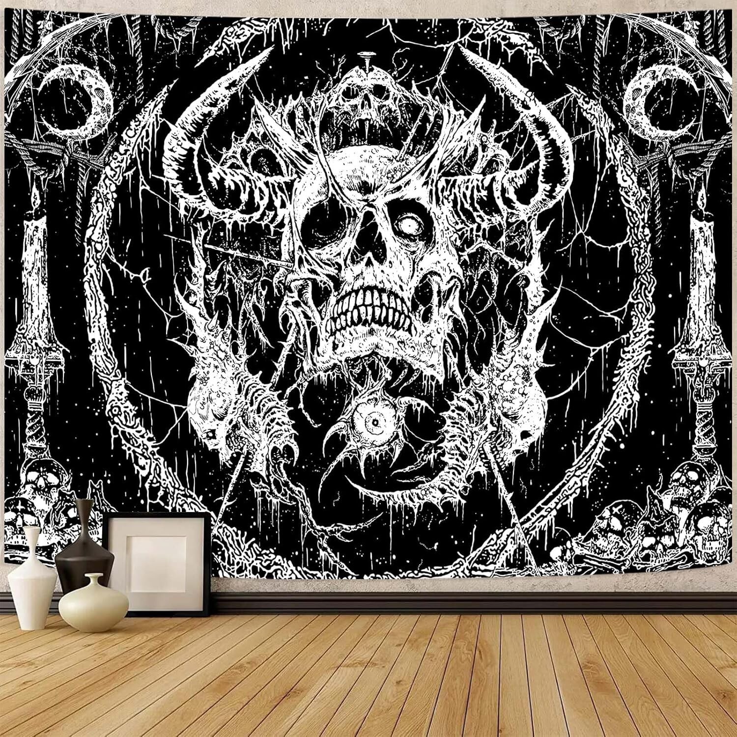 Lifeella Skull Tapestry, Gothic Horror Moon 48L" x 36W", Black gallery