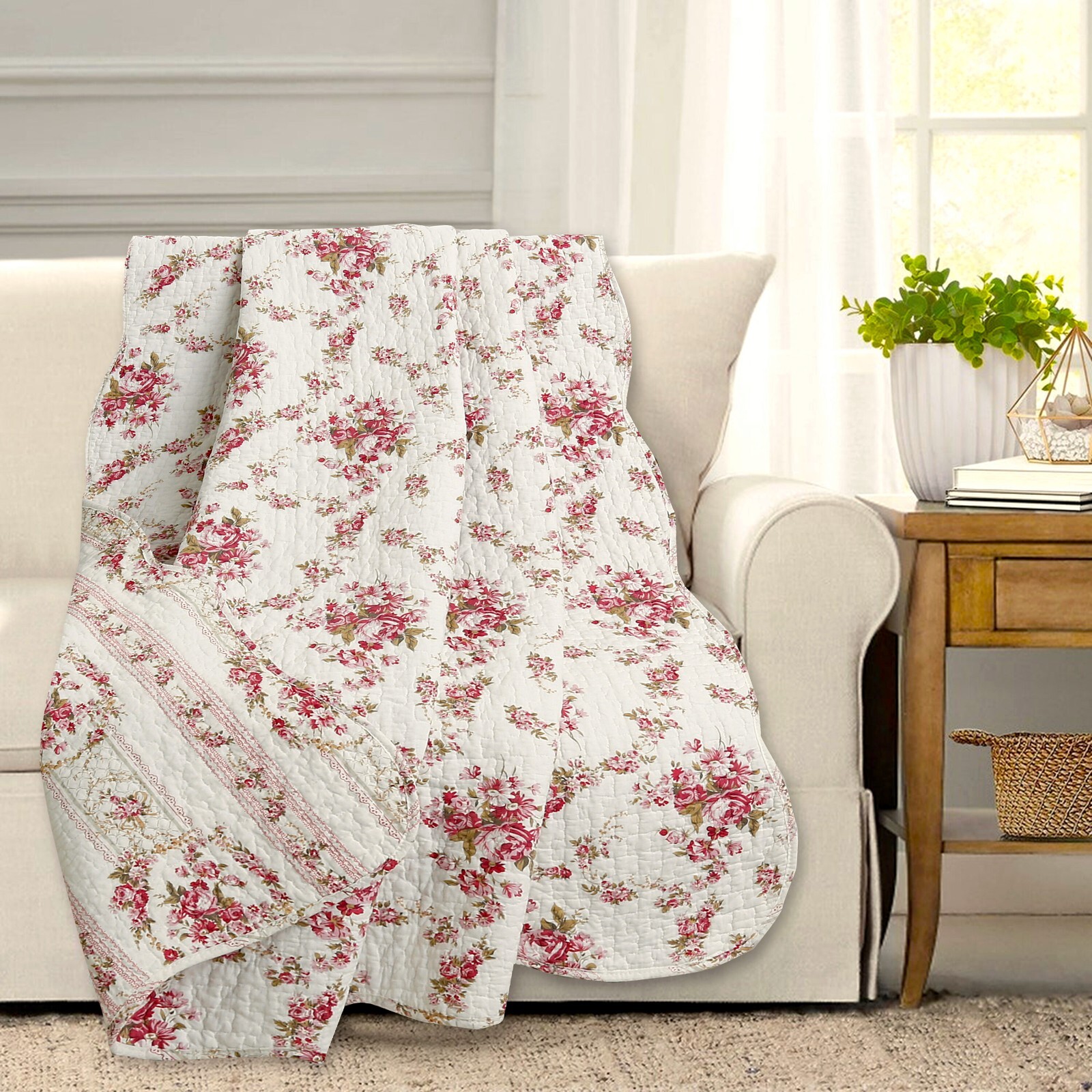 Fuchsia Red Rose White Floral Printed Reversible Cotton Quilted Throw gallery