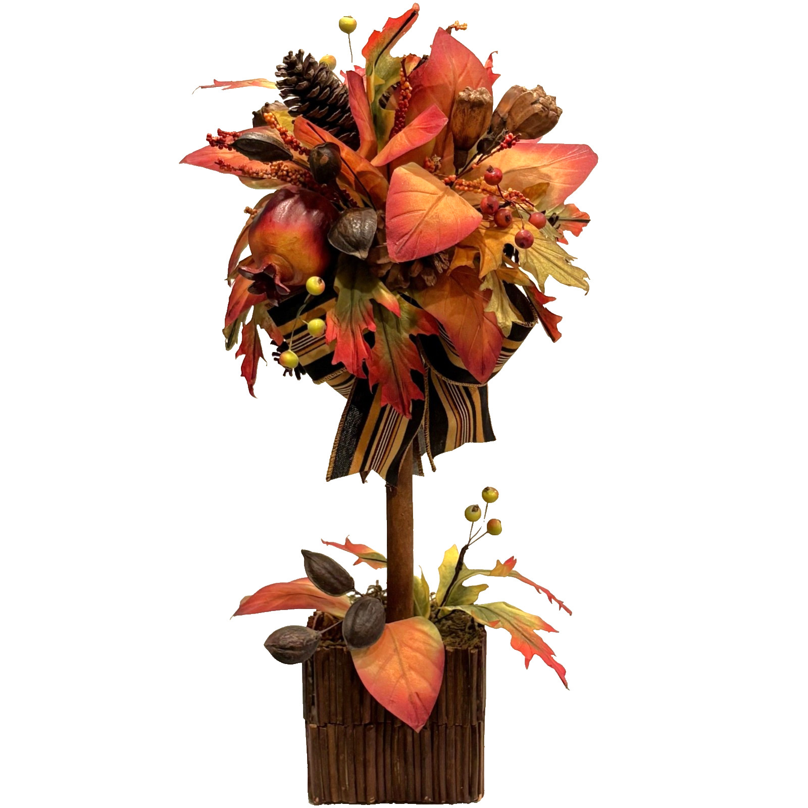 Fall Topiary Tree 20" Orange Brown Faux Floral Decor Autumn Leaves Fruit Ribbons gallery