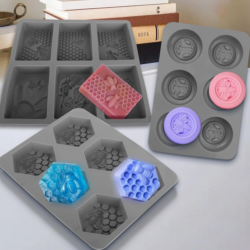 (More Styles Optional) 3 Pack Bee Soap Silicone Molds Set, round + Rectangular gallery