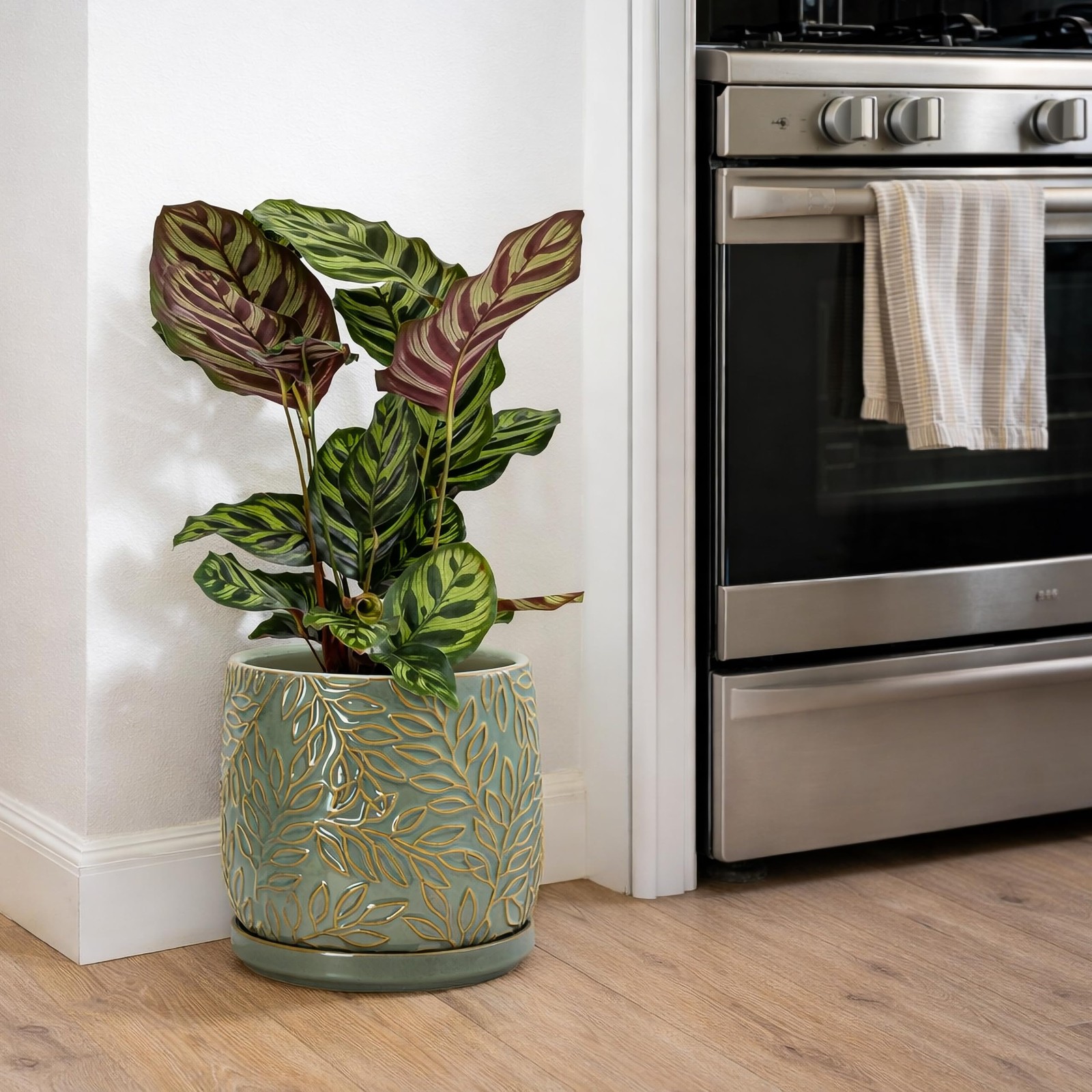 D'vine Dev 8 Inch Embossed Leaves Stoneware Planter Pot with Drainage Hole an... gallery