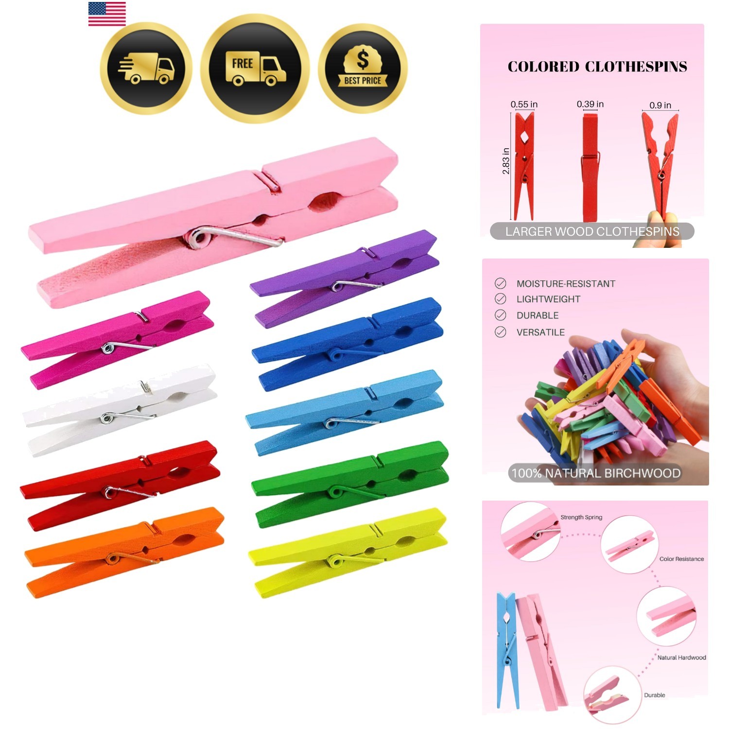 Colored Clothespins 50 PCS, 2.9 Inch Heavy Duty Wooden Clothes Pins, 10 Color... gallery