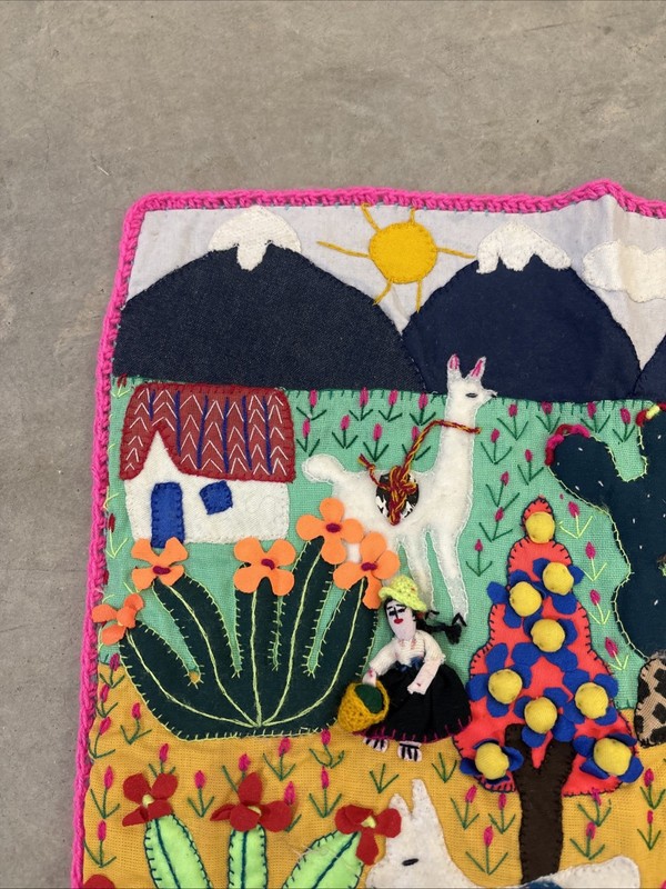 Handmade Peruvian Arpillera 3D Applique Wall Hanging 18x19 Andean Village Scene gallery